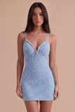 Sparkly Blue Spaghetti Straps Bodycon Short Cocktail Dress with Rhinestone