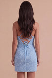 Sparkly Blue Spaghetti Straps Bodycon Short Cocktail Dress with Rhinestone