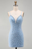 Sparkly Blue Spaghetti Straps Bodycon Short Cocktail Dress with Rhinestone