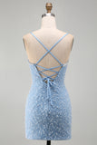Sparkly Blue Spaghetti Straps Bodycon Short Cocktail Dress with Rhinestone