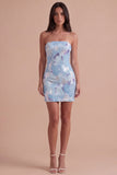 Sparkly Sequins Blue Bodycon Strapless Short Cocktail Dress with Beading