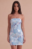 Sparkly Sequins Blue Bodycon Strapless Short Cocktail Dress with Beading