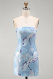 Sparkly Sequins Blue Bodycon Strapless Short Cocktail Dress with Beading