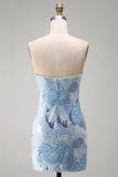 Sparkly Sequins Blue Bodycon Strapless Short Cocktail Dress with Beading