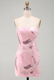 Pink Sparkly Sequins Bodycon Beaded Short Cocktail Dress
