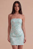 Mint Sparkly Floral Strapless Sequins Bodycon Short Cocktail Dress