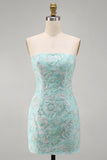 Mint Sparkly Floral Strapless Sequins Bodycon Short Cocktail Dress