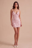 Sparkly Pink Floral Sequins Bodycon Spaghetti Straps Short Cocktail Dress