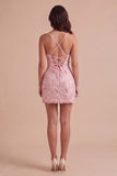 Sparkly Pink Floral Sequins Bodycon Spaghetti Straps Short Cocktail Dress