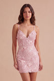 Sparkly Pink Floral Sequins Bodycon Spaghetti Straps Short Cocktail Dress