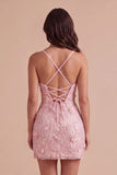 Sparkly Pink Floral Sequins Bodycon Spaghetti Straps Short Cocktail Dress