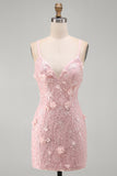 Sparkly Pink Floral Sequins Bodycon Spaghetti Straps Short Cocktail Dress