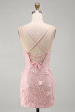 Sparkly Pink Floral Sequins Bodycon Spaghetti Straps Short Cocktail Dress