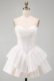 White Corset Strapless Ruffled Tiered Short Hen Do Dress