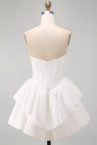 White Corset Strapless Ruffled Tiered Short Hen Do Dress