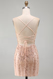 Sparkly Champagne Sequins Spaghetti Straps Bodycon Short Cocktail Dress