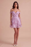 Lilac Floral Off the Shoulder Lace Up Ruffled A-Line Short Cocktail Dress