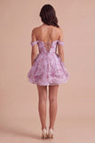 Lilac Floral Off the Shoulder Lace Up Ruffled A-Line Short Cocktail Dress