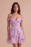 Lilac Floral Off the Shoulder Lace Up Ruffled A-Line Short Cocktail Dress
