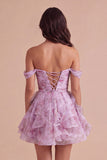 Lilac Floral Off the Shoulder Lace Up Ruffled A-Line Short Cocktail Dress