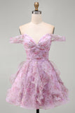 Lilac Floral Off the Shoulder Lace Up Ruffled A-Line Short Cocktail Dress