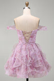 Lilac Floral Off the Shoulder Lace Up Ruffled A-Line Short Cocktail Dress