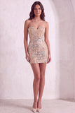 Champagne Sparkly Sequins Floral Strapless Bodycon Short Cocktail Dress
