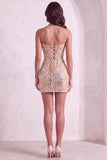 Champagne Sparkly Sequins Floral Strapless Bodycon Short Cocktail Dress