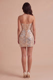 Champagne Sparkly Sequins Floral Strapless Bodycon Short Cocktail Dress