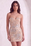 Champagne Sparkly Sequins Floral Strapless Bodycon Short Cocktail Dress