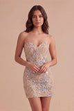 Champagne Sparkly Sequins Floral Strapless Bodycon Short Cocktail Dress