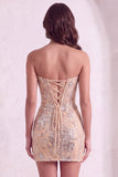 Champagne Sparkly Sequins Floral Strapless Bodycon Short Cocktail Dress