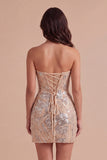 Champagne Sparkly Sequins Floral Strapless Bodycon Short Cocktail Dress