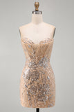 Champagne Sparkly Sequins Floral Strapless Bodycon Short Cocktail Dress