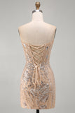 Champagne Sparkly Sequins Floral Strapless Bodycon Short Cocktail Dress