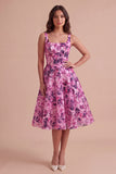 Fuchsia Floral A-Line Square Neck Open Back Midi Wedding Guest Dress