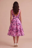 Fuchsia Floral A-Line Square Neck Open Back Midi Wedding Guest Dress