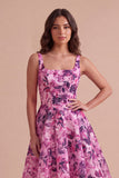Fuchsia Floral A-Line Square Neck Open Back Midi Wedding Guest Dress