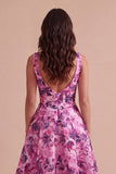Fuchsia Floral A-Line Square Neck Open Back Midi Wedding Guest Dress