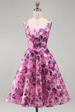 Fuchsia Floral A-Line Square Neck Open Back Midi Wedding Guest Dress