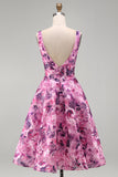 Fuchsia Floral A-Line Square Neck Open Back Midi Wedding Guest Dress