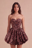 Kahki Leopard Bubble Strapless Corset Lace Up Short A-Line Cocktail Dress