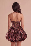 Kahki Leopard Bubble Strapless Corset Lace Up Short A-Line Cocktail Dress
