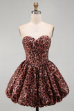 Kahki Leopard Bubble Strapless Corset Lace Up Short A-Line Cocktail Dress