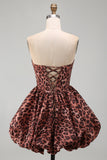 Kahki Leopard Bubble Strapless Corset Lace Up Short A-Line Cocktail Dress