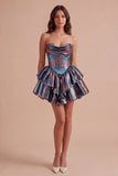 Metallic Blue Corset Ruffled Tiered A-Line Ruched Short Cocktail Dress