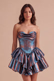 Metallic Blue Corset Ruffled Tiered A-Line Ruched Short Cocktail Dress
