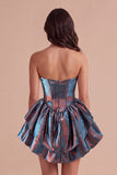 Metallic Blue Corset Ruffled Tiered A-Line Ruched Short Cocktail Dress