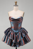 Metallic Blue Corset Ruffled Tiered A-Line Ruched Short Cocktail Dress