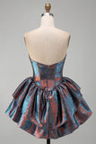 Metallic Blue Corset Ruffled Tiered A-Line Ruched Short Cocktail Dress
